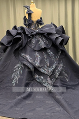 Misshow Dark Navy Quinceanera Dress One-Shoulder Beaded Ball Gown with Tiered Ruffles & Sparkly Appliques