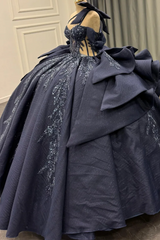 Misshow Dark Navy Quinceanera Dress One-Shoulder Beaded Ball Gown with Tiered Ruffles & Sparkly Appliques