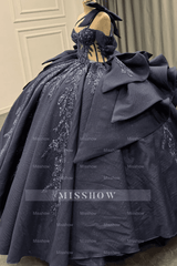 Misshow Dark Navy Quinceanera Dress One-Shoulder Beaded Ball Gown with Tiered Ruffles & Sparkly Appliques