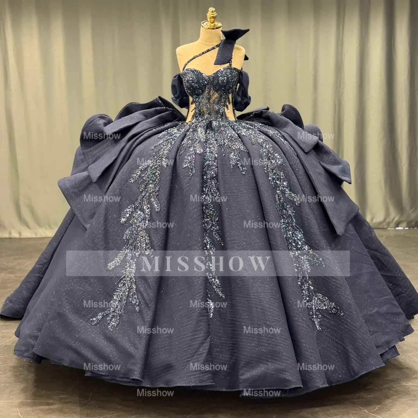 Misshow Dark Navy Quinceanera Dress One-Shoulder Beaded Ball Gown with Tiered Ruffles & Sparkly Appliques
