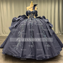 Misshow Dark Navy Quinceanera Dress One-Shoulder Beaded Ball Gown with Tiered Ruffles & Sparkly Appliques