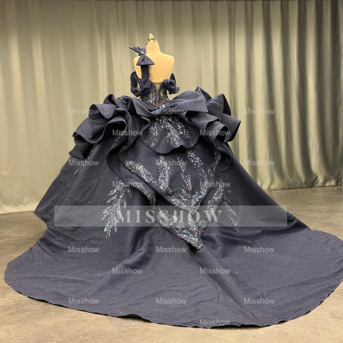 Misshow Dark Navy Quinceanera Dress One-Shoulder Beaded Ball Gown with Tiered Ruffles & Sparkly Appliques