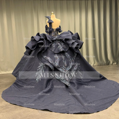 Misshow Dark Navy Quinceanera Dress One-Shoulder Beaded Ball Gown with Tiered Ruffles & Sparkly Appliques