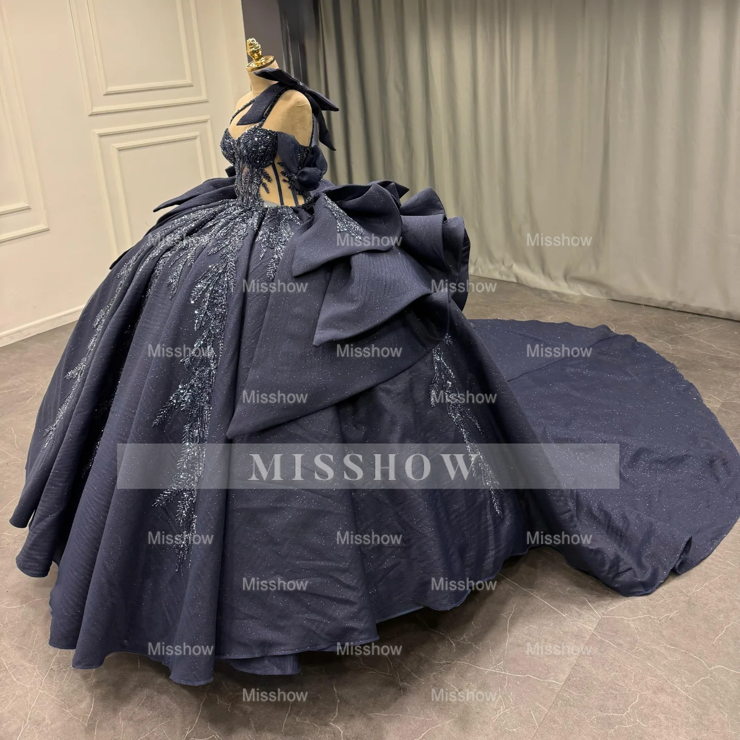 Misshow Dark Navy Quinceanera Dress One-Shoulder Beaded Ball Gown with Tiered Ruffles & Sparkly Appliques