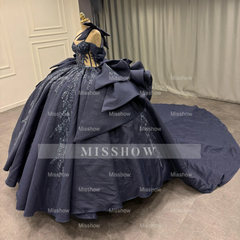 Misshow Dark Navy Quinceanera Dress One-Shoulder Beaded Ball Gown with Tiered Ruffles & Sparkly Appliques