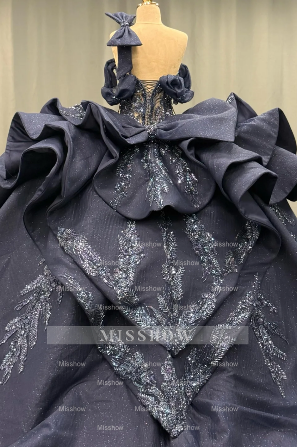 Misshow Dark Navy Quinceanera Dress One-Shoulder Beaded Ball Gown with Tiered Ruffles & Sparkly Appliques