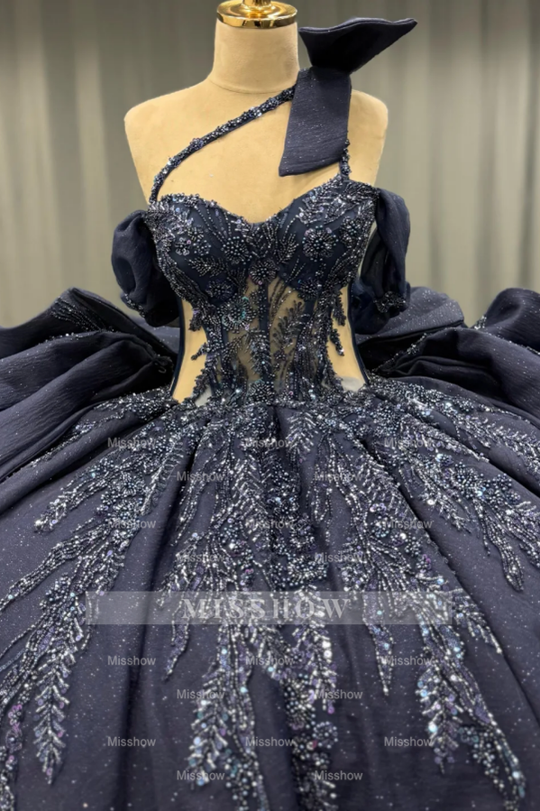 Misshow Dark Navy Quinceanera Dress One-Shoulder Beaded Ball Gown with Tiered Ruffles & Sparkly Appliques
