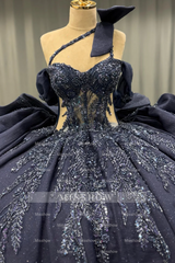Misshow Dark Navy Quinceanera Dress One-Shoulder Beaded Ball Gown with Tiered Ruffles & Sparkly Appliques
