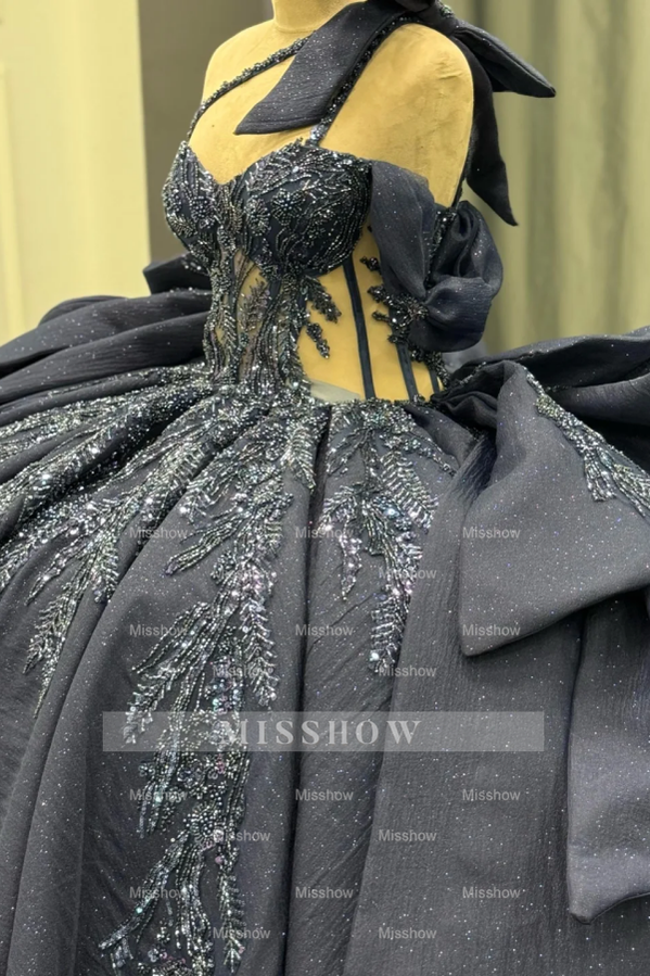 Misshow Dark Navy Quinceanera Dress One-Shoulder Beaded Ball Gown with Tiered Ruffles & Sparkly Appliques