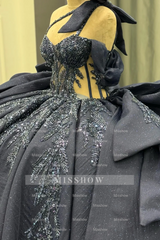 Misshow Dark Navy Quinceanera Dress One-Shoulder Beaded Ball Gown with Tiered Ruffles & Sparkly Appliques