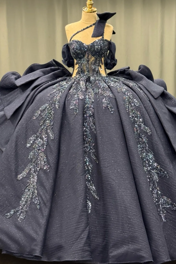 Misshow Dark Navy Quinceanera Dress One-Shoulder Beaded Ball Gown with Tiered Ruffles & Sparkly Appliques