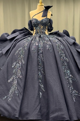 Misshow Dark Navy Quinceanera Dress One-Shoulder Beaded Ball Gown with Tiered Ruffles & Sparkly Appliques