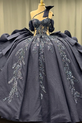 Misshow Dark Navy Quinceanera Dress One-Shoulder Beaded Ball Gown with Tiered Ruffles & Sparkly Appliques