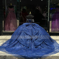 Misshow Dark Navy Tulle Quinceanera Dress Off-Shoulder Beaded Ball Gown with Bow Knot for Sweet 16 & Princess Parties