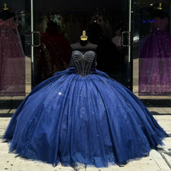 Misshow Dark Navy Tulle Quinceanera Dress Off-Shoulder Beaded Ball Gown with Bow Knot for Sweet 16 & Princess Parties