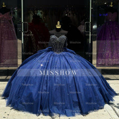Misshow Dark Navy Tulle Quinceanera Dress Off-Shoulder Beaded Ball Gown with Bow Knot for Sweet 16 & Princess Parties
