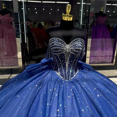 Misshow Dark Navy Tulle Quinceanera Dress Off-Shoulder Beaded Ball Gown with Bow Knot for Sweet 16 & Princess Parties