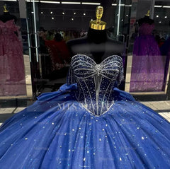 Misshow Dark Navy Tulle Quinceanera Dress Off-Shoulder Beaded Ball Gown with Bow Knot for Sweet 16 & Princess Parties