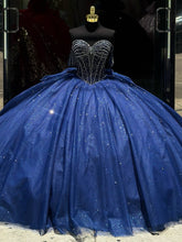 Misshow Dark Navy Tulle Quinceanera Dress Off-Shoulder Beaded Ball Gown with Bow Knot for Sweet 16 & Princess Parties