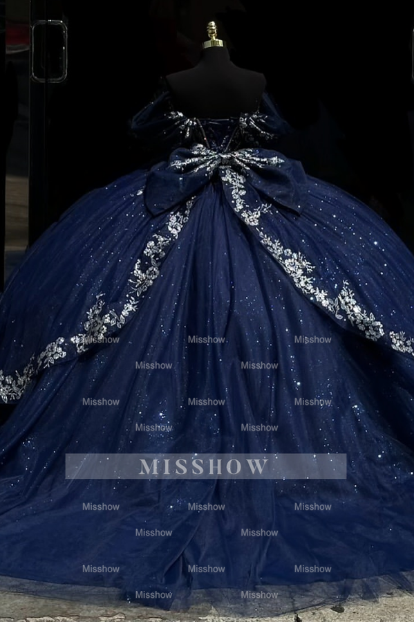 Misshow Dark Navy Tulle Quinceanera Dress Off-Shoulder Beaded Ball Gown with Sparkly Silver Appliques for Sweet 16 & Birthday Parties