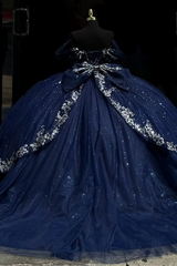 Misshow Dark Navy Tulle Quinceanera Dress Off-Shoulder Beaded Ball Gown with Sparkly Silver Appliques for Sweet 16 & Birthday Parties