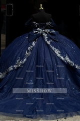 Misshow Dark Navy Tulle Quinceanera Dress Off-Shoulder Beaded Ball Gown with Sparkly Silver Appliques for Sweet 16 & Birthday Parties