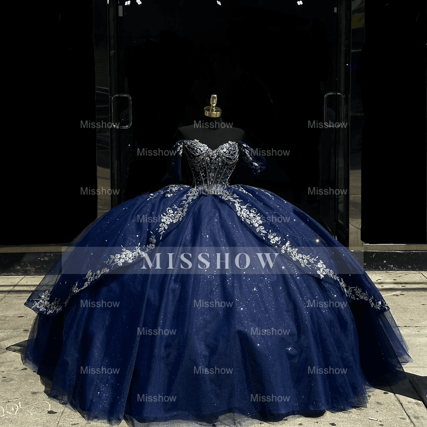 Misshow Dark Navy Tulle Quinceanera Dress Off-Shoulder Beaded Ball Gown with Sparkly Silver Appliques for Sweet 16 & Birthday Parties