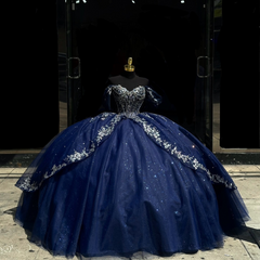 Misshow Dark Navy Tulle Quinceanera Dress Off-Shoulder Beaded Ball Gown with Sparkly Silver Appliques for Sweet 16 & Birthday Parties