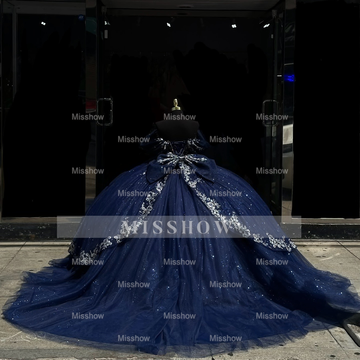 Misshow Dark Navy Tulle Quinceanera Dress Off-Shoulder Beaded Ball Gown with Sparkly Silver Appliques for Sweet 16 & Birthday Parties