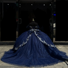 Misshow Dark Navy Tulle Quinceanera Dress Off-Shoulder Beaded Ball Gown with Sparkly Silver Appliques for Sweet 16 & Birthday Parties