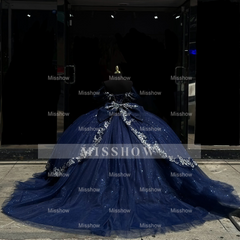 Misshow Dark Navy Tulle Quinceanera Dress Off-Shoulder Beaded Ball Gown with Sparkly Silver Appliques for Sweet 16 & Birthday Parties