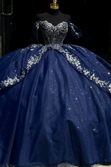 Misshow Dark Navy Tulle Quinceanera Dress Off-Shoulder Beaded Ball Gown with Sparkly Silver Appliques for Sweet 16 & Birthday Parties