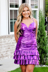 Misshow Dark Purple Spaghetti Straps Tight Metallic Tiered Homecoming Dress/Mini Dress