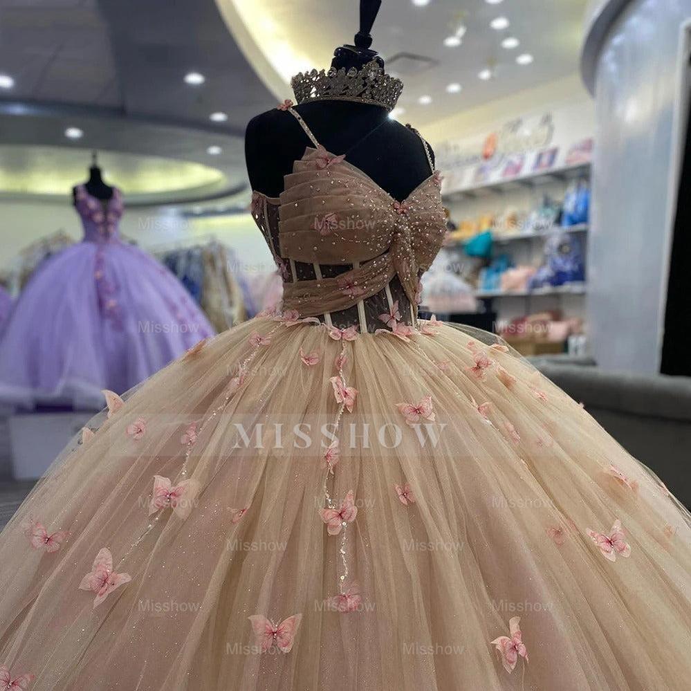 Misshow Dusty Pink Ball Gown Sweetheart Neckline with 3D Butterfly Appliques & Beaded Tulle for Quinceanera Sweet 16 or Birthday Celebrations