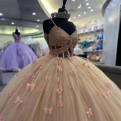 Misshow Dusty Pink Ball Gown Sweetheart Neckline with 3D Butterfly Appliques & Beaded Tulle for Quinceanera Sweet 16 or Birthday Celebrations