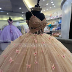 Misshow Dusty Pink Ball Gown Sweetheart Neckline with 3D Butterfly Appliques & Beaded Tulle for Quinceanera Sweet 16 or Birthday Celebrations