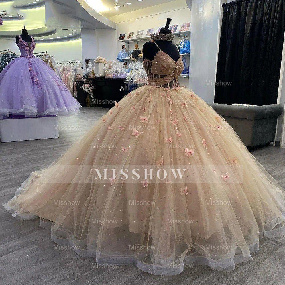 Misshow Dusty Pink Ball Gown Sweetheart Neckline with 3D Butterfly Appliques & Beaded Tulle for Quinceanera Sweet 16 or Birthday Celebrations