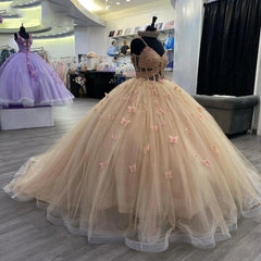 Misshow Dusty Pink Ball Gown Sweetheart Neckline with 3D Butterfly Appliques & Beaded Tulle for Quinceanera Sweet 16 or Birthday Celebrations