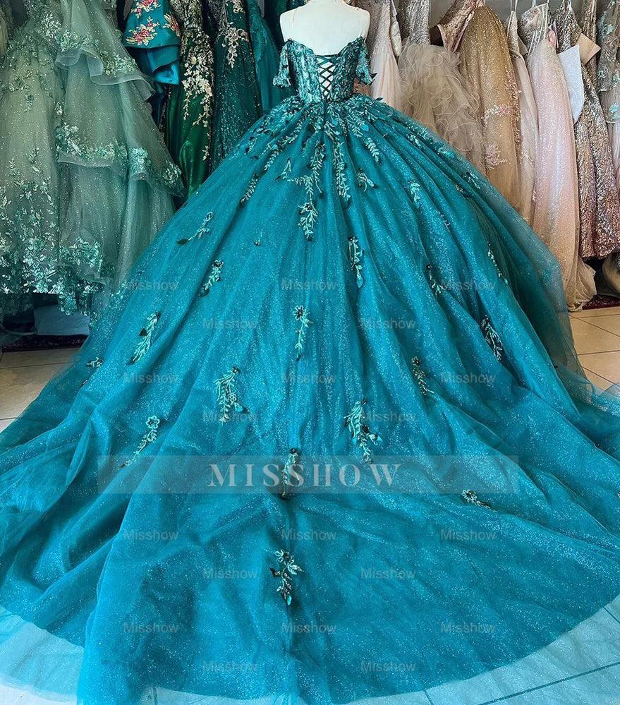 Misshow Emerald Green Ball Gown Off-Shoulder Sweetheart Neckline with Beaded Flowers & Lace Applique for Quinceanera or Sweet 16