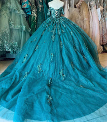 Misshow Emerald Green Ball Gown Off-Shoulder Sweetheart Neckline with Beaded Flowers & Lace Applique for Quinceanera or Sweet 16