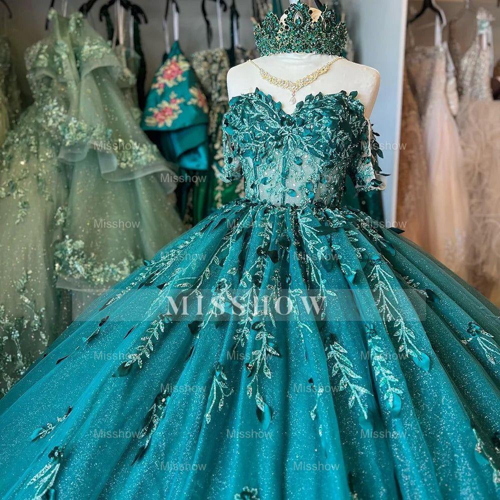 Misshow Emerald Green Ball Gown Off-Shoulder Sweetheart Neckline with Beaded Flowers & Lace Applique for Quinceanera or Sweet 16