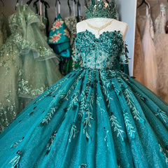 Misshow Emerald Green Ball Gown Off-Shoulder Sweetheart Neckline with Beaded Flowers & Lace Applique for Quinceanera or Sweet 16
