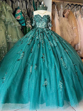 Misshow Emerald Green Ball Gown Off-Shoulder Sweetheart Neckline with Beaded Flowers & Lace Applique for Quinceanera or Sweet 16