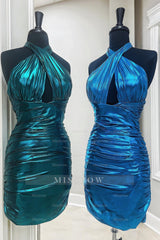 Misshow Emerald Green Cross Halter Satin Tight Short Homecoming Dress/Mini Dress