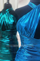 Misshow Emerald Green Cross Halter Satin Tight Short Homecoming Dress/Mini Dress