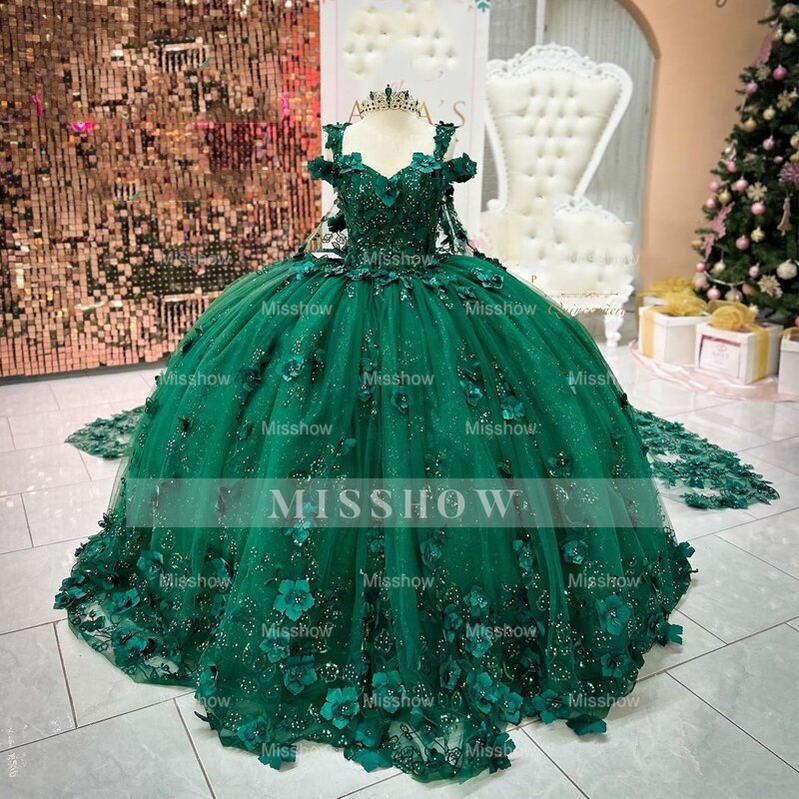Misshow Emerald Green Off-Shoulder Ball Gown 3D Floral Appliques & Beaded Tulle Quinceanera Dress for Sweet 16 & Weddings