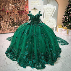 Misshow Emerald Green Off-Shoulder Ball Gown 3D Floral Appliques & Beaded Tulle Quinceanera Dress for Sweet 16 & Weddings