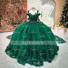 Misshow Emerald Green Off-Shoulder Ball Gown 3D Floral Appliques & Beaded Tulle Quinceanera Dress for Sweet 16 & Weddings