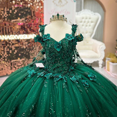 Misshow Emerald Green Off-Shoulder Ball Gown 3D Floral Appliques & Beaded Tulle Quinceanera Dress for Sweet 16 & Weddings