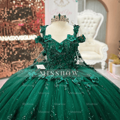 Misshow Emerald Green Off-Shoulder Ball Gown 3D Floral Appliques & Beaded Tulle Quinceanera Dress for Sweet 16 & Weddings